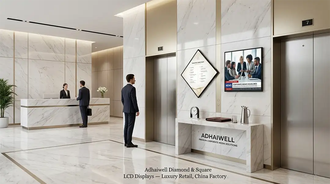 Adhaiwell square LCD digital signage mounted in upscale hotel elevator lobby for corporate updates, from trusted Chinese manufacturer with built-in Android and free lifetime remote CMS for hospitality projects