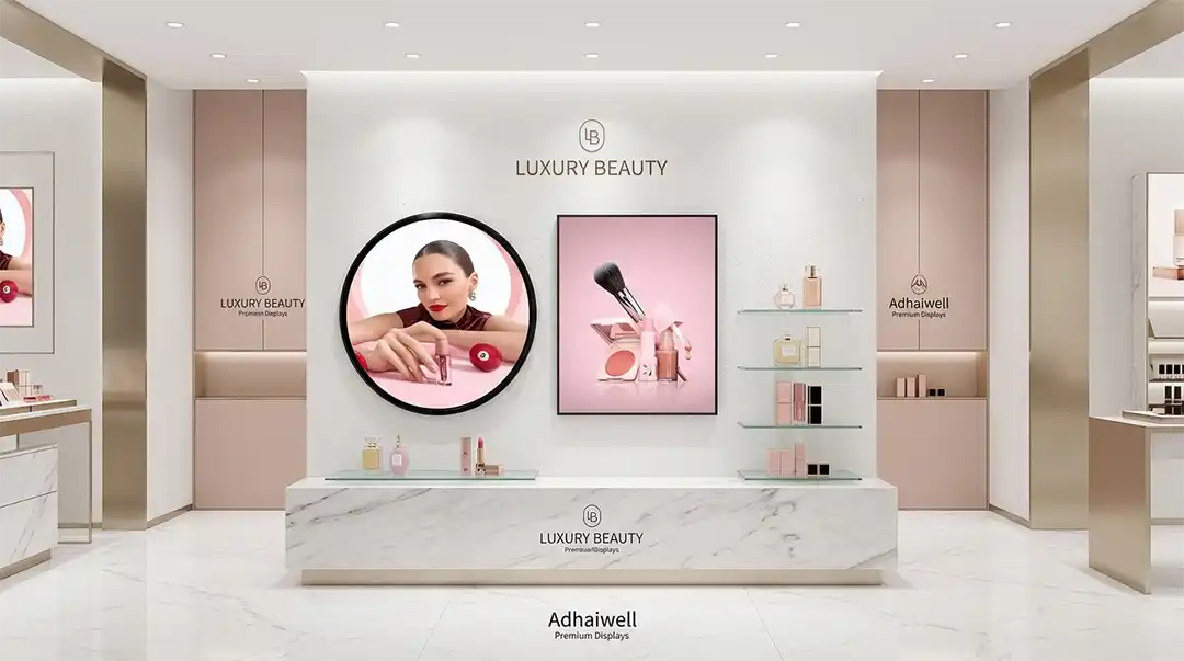 Adhaiwell commercial square LCD display and round advertising screen integrated into a high-end luxury makeup boutique.