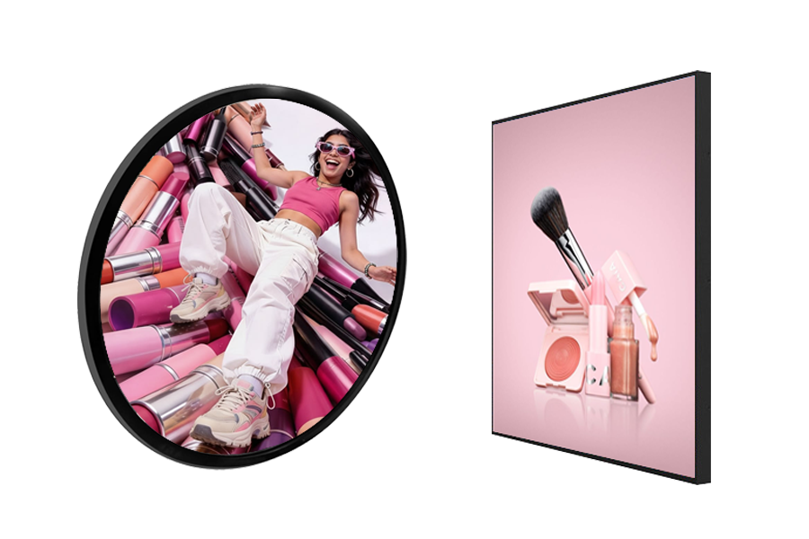 Adhaiwell commercial round and square LCD digital signage displays for retail advertising, beauty stores, and branded environments.