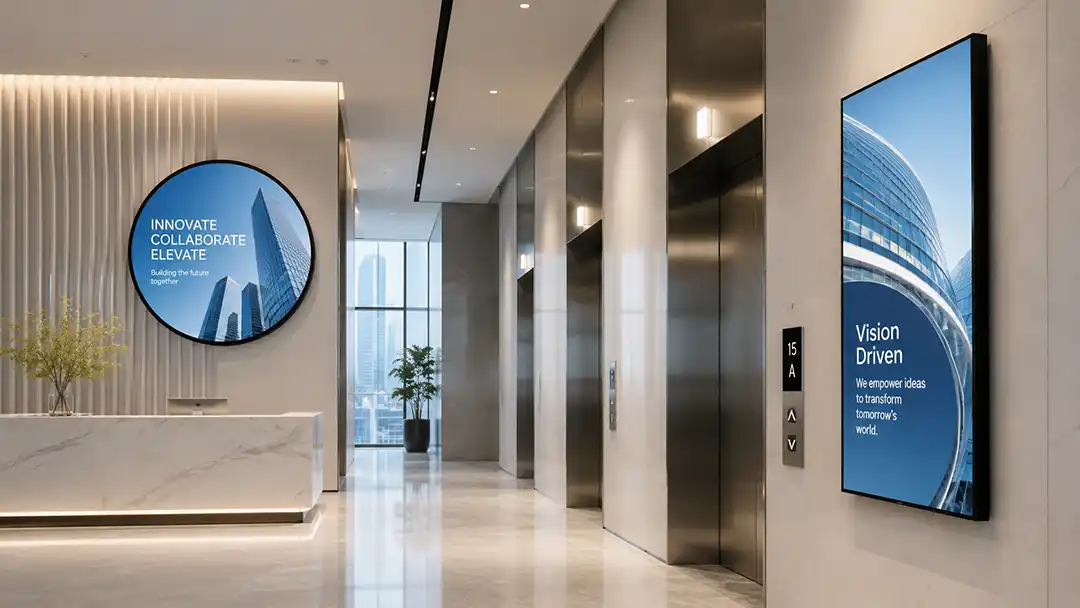 Adhaiwell round and square LCD digital signage displays installed in a premium corporate lobby and elevator area.