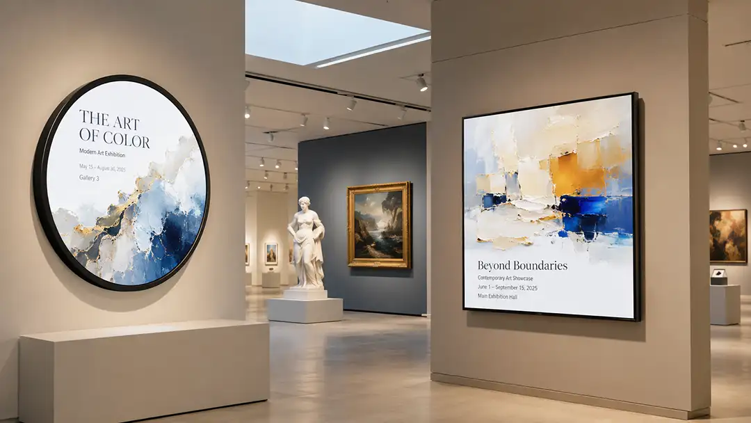 Adhaiwell round and square LCD digital signage displays installed in a modern museum and art gallery exhibition environment.