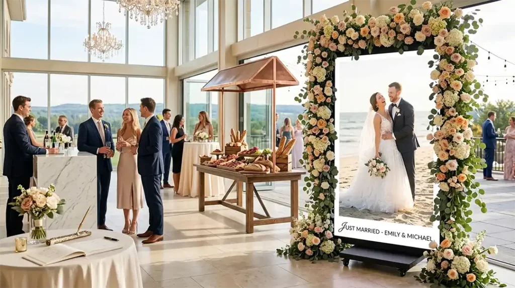 Standard, Foldable, Tri-Fold, or A-Board? A Complete Comparison of Adhaiwell's LED Poster Display Lineup 7 Foldable double-sided LED poster display by Adhaiwell for wedding venues, showing dynamic welcome screens and photo boards.