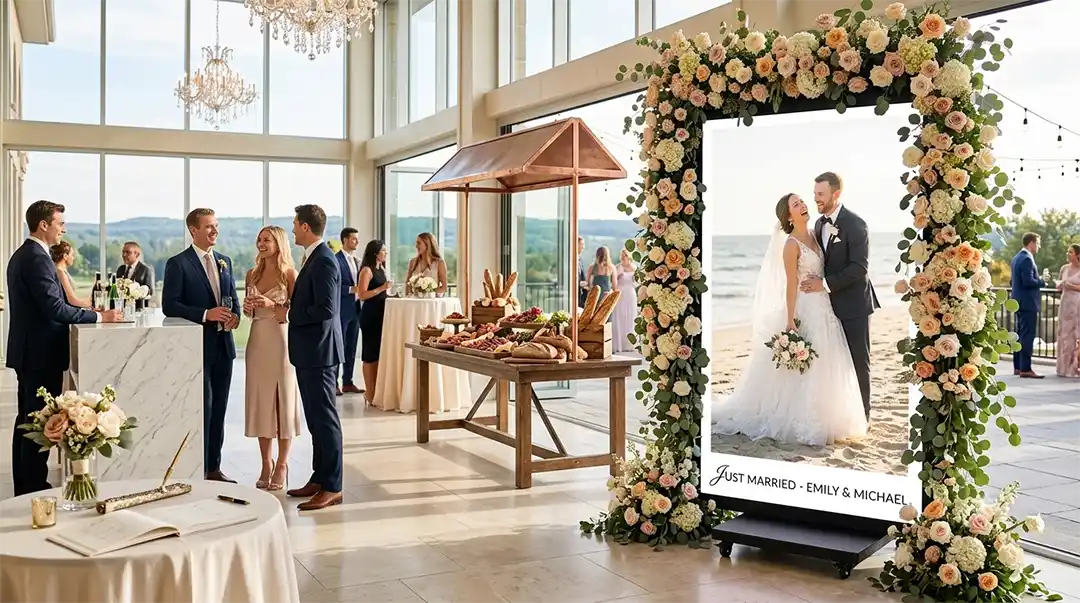 Foldable double-sided LED poster display by Adhaiwell for wedding venues, showing dynamic welcome screens and photo boards.