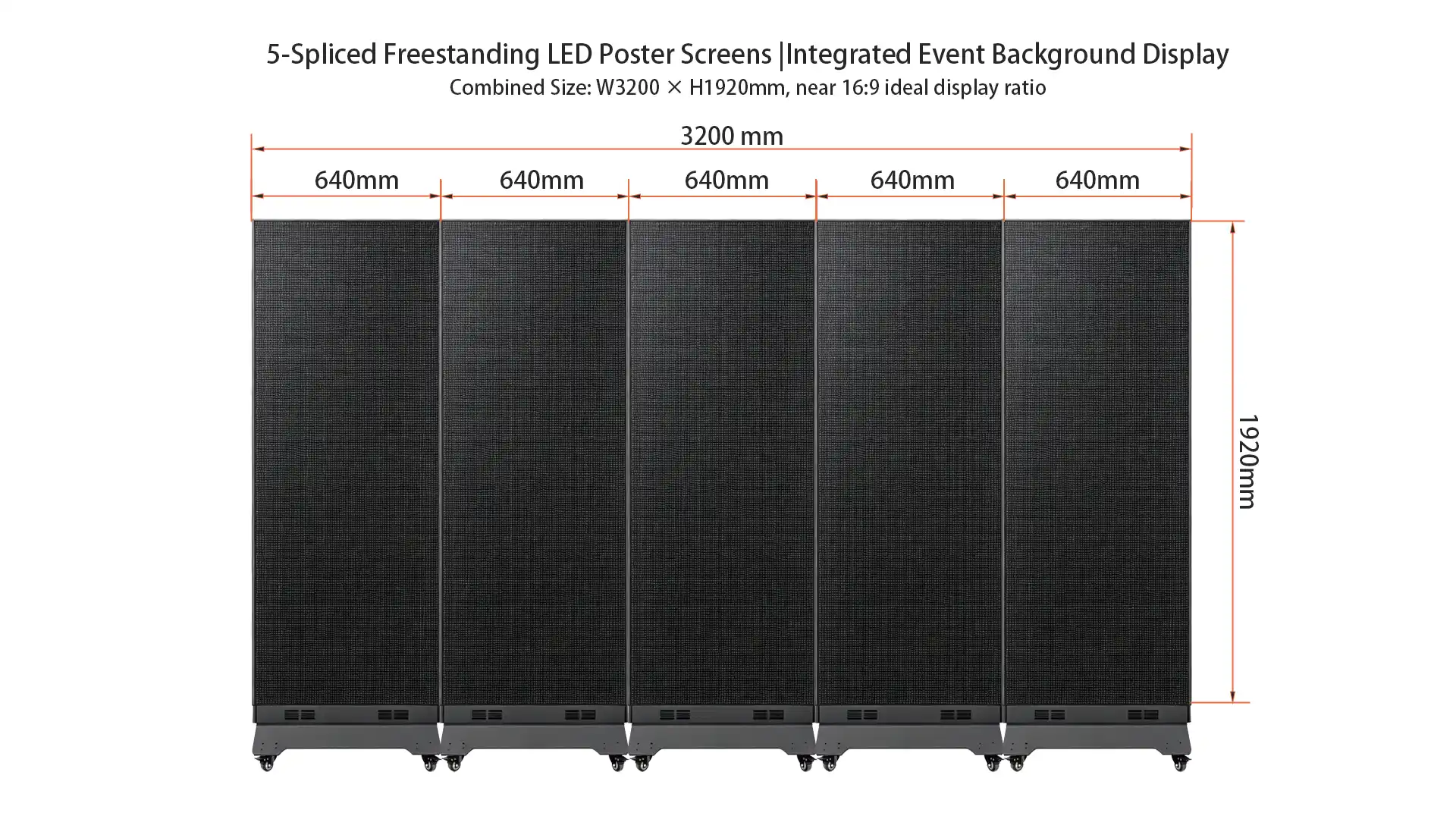 5 units freestanding LED poster screen spliced together to form large LED backdrop wall, size 3200×1920mm near 16:9