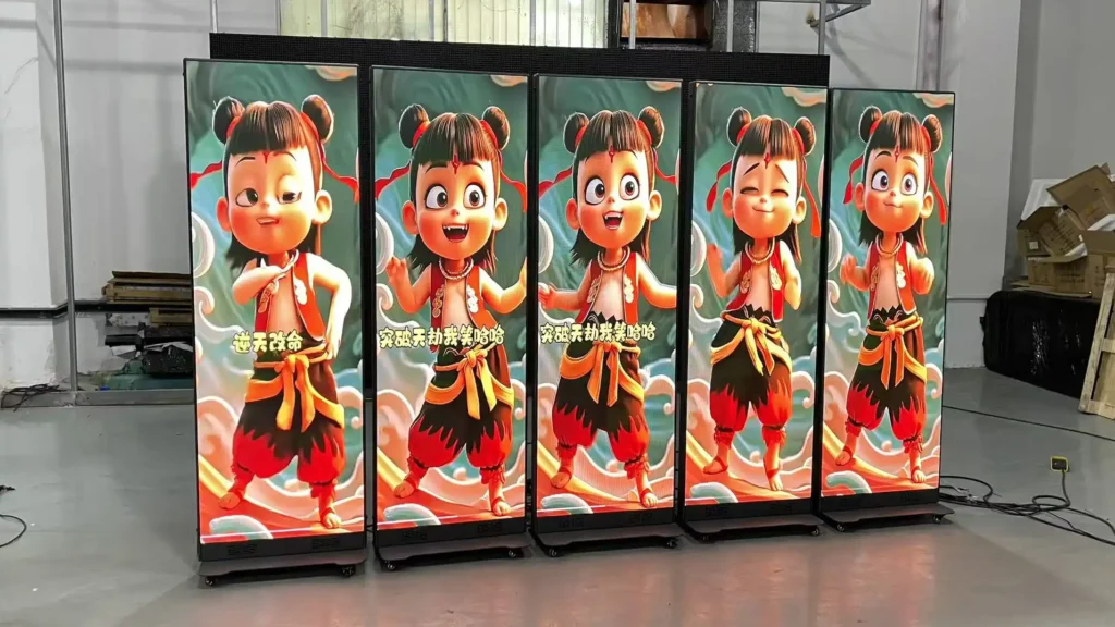 Adhaiwell China supplier 5 freestanding LED poster screens, support independent separate content playback, movable casters for retail, exhibition and event marketing