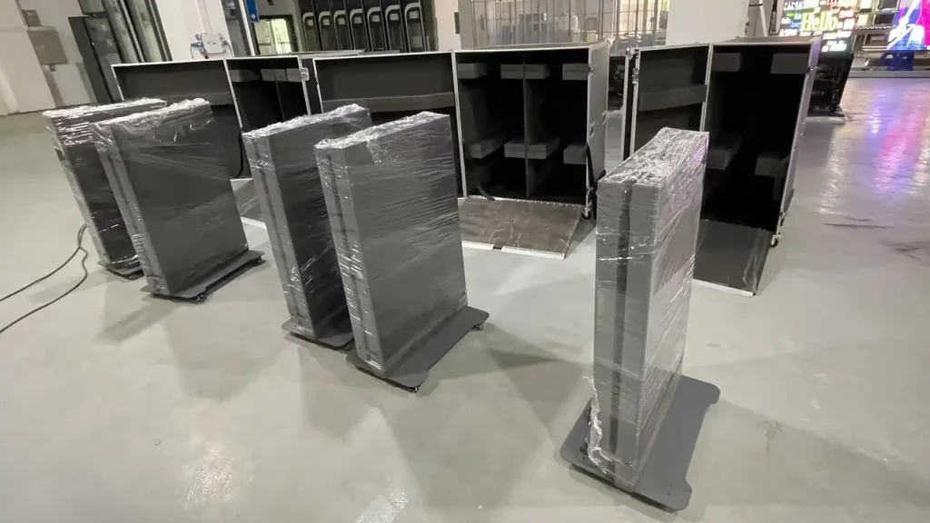 Adhaiwell China factory 5 spliced freestanding LED poster screen, near 16:9 seamless backdrop, portable casters with flight cases for conferences, exhibitions and corporate events