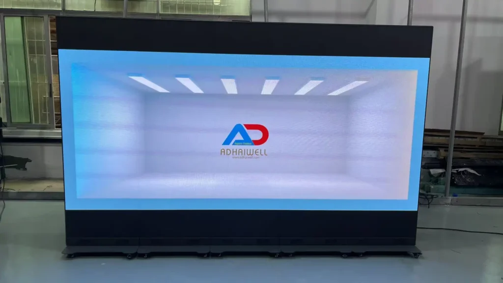 Adhaiwell China manufacturer 5 spliced freestanding LED poster screen, supports naked eye 3D playback, mobile casters for exhibition, conference and brand launch events