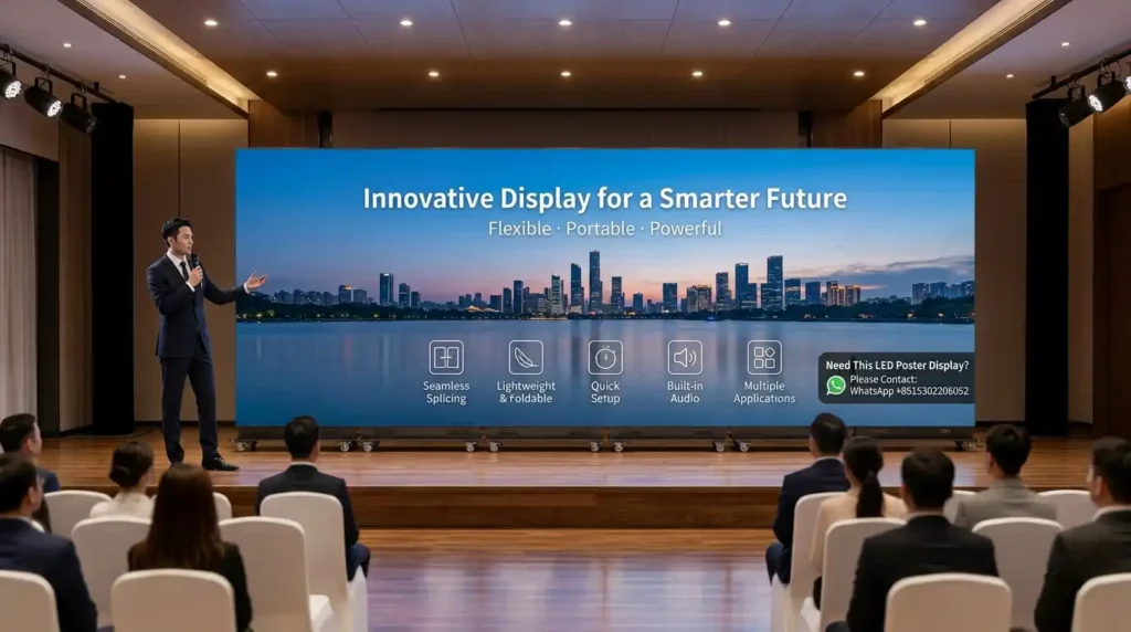 Adhaiwell China manufacturer 6 spliced freestanding LED poster screen, lightweight foldable, quick setup with built-in audio for conference stage and corporate keynote events