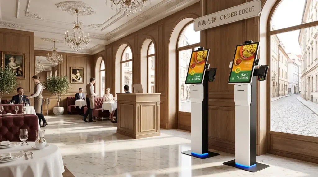 Floor-standing self-service payment kiosk machine with terminal holder, manufactured in China by Adhaiwell for restaurants
