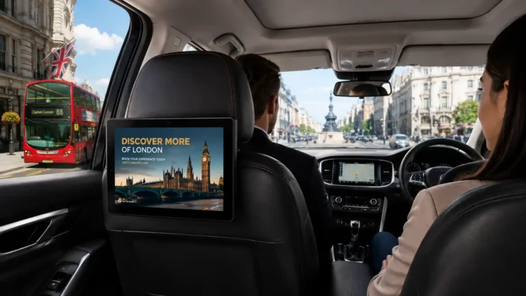 UK rideshare taxi advertising screen with 4G SIM slot and anti-theft headrest mount by Adhaiwell China supplier