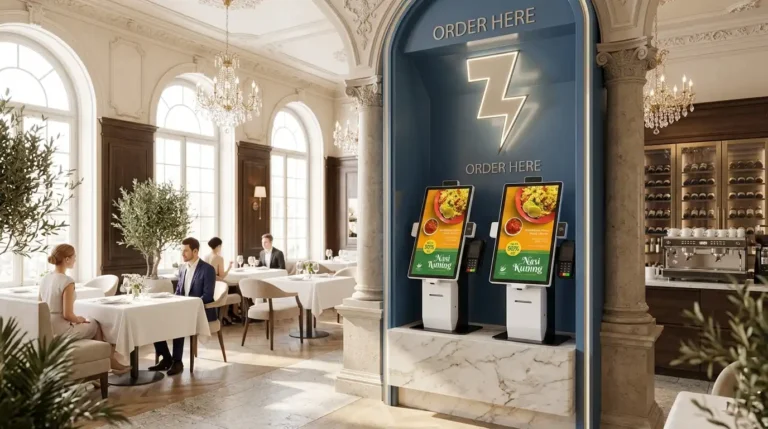 Commercial touchscreen self-ordering kiosk manufactured by Adhaiwell factory in China for European QSR restaurants