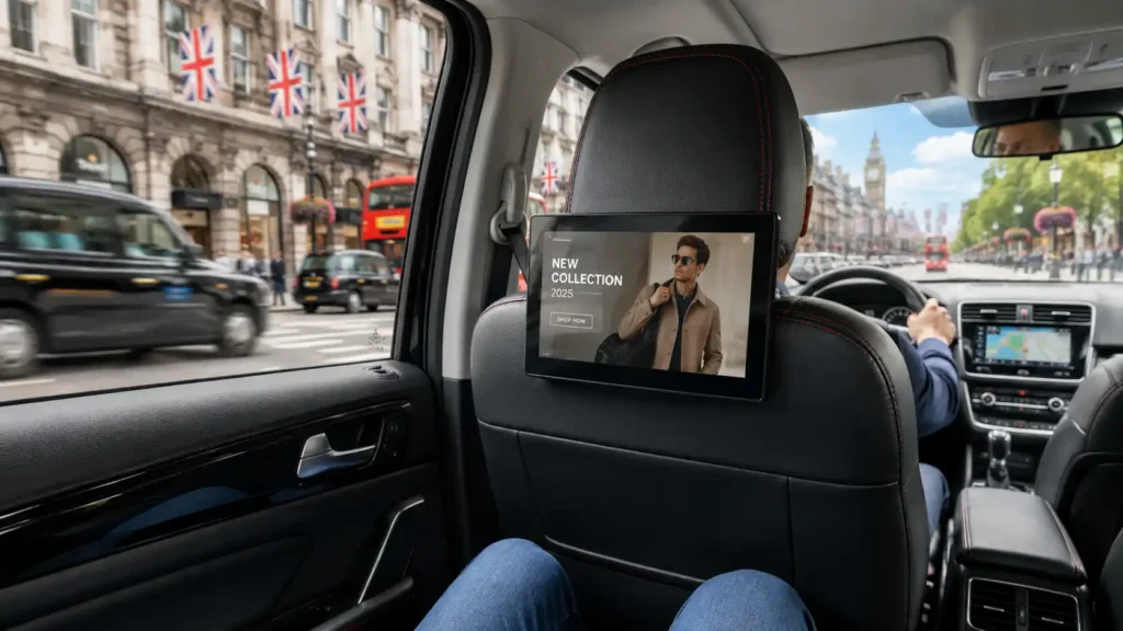 10.1 inch taxi headrest LCD advertising screen supplied by China factory Adhaiwell inside a London rideshare vehicle