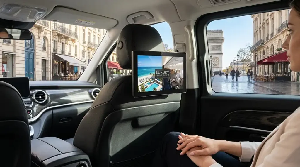 10.1 inch taxi headrest LCD advertising screen from China manufacturer Adhaiwell playing commercial ads in European taxi