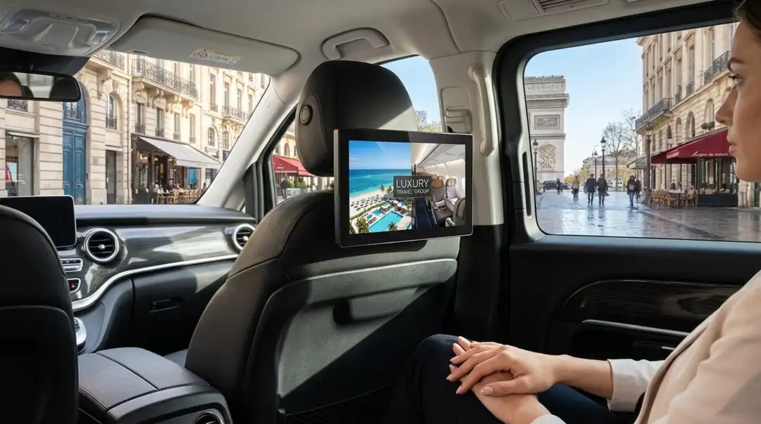10.1 inch taxi headrest LCD advertising screen from China manufacturer Adhaiwell playing commercial ads in European taxi