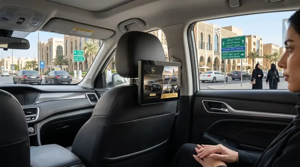 Taxi media display diagram showing GPS geofencing, 4G SIM slot, and 9V-30V wide voltage protection by China factory