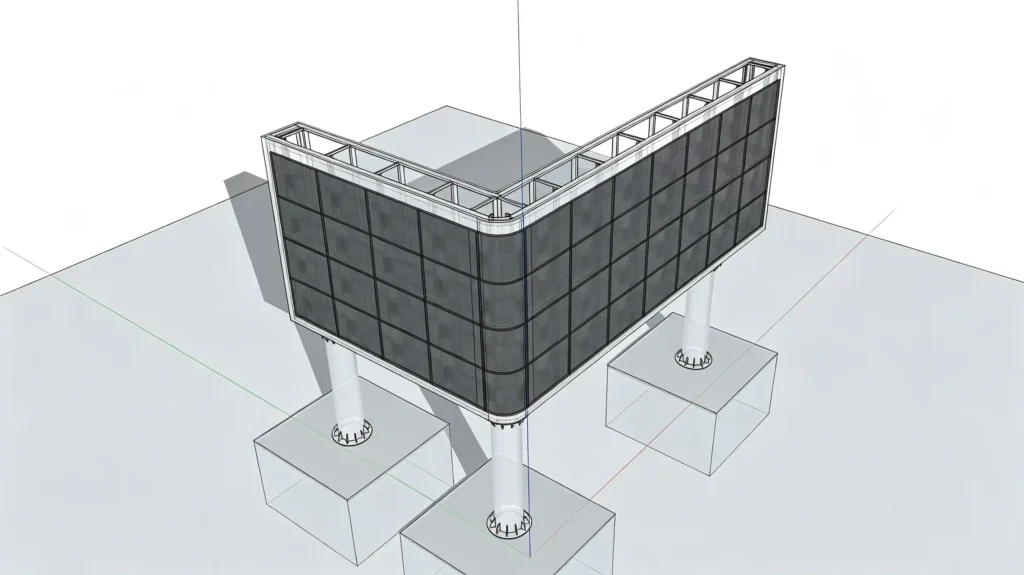 Custom 3D Naked-Eye LED Billboard in Fiji: From Structure Design to Turnkey Delivery 3 Adhaiwell China factory L-shaped naked-eye 3D LED display structural CAD drawing, engineering design for outdoor corner DOOH screen, custom LED billboard framework from professional supplier