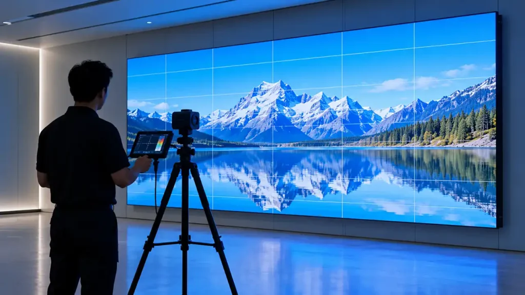 Technician calibrating a COB LED display with a tripod-mounted camera