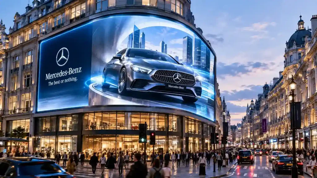 Curved LED display on a European CBD corner building showing a 3D car advertisement