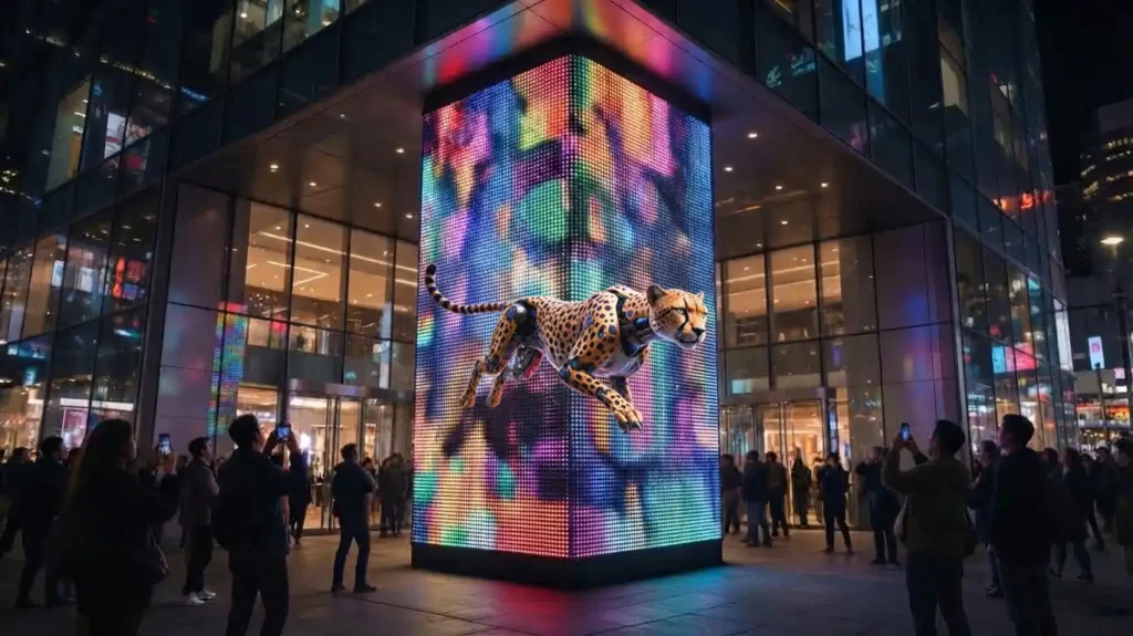 Outdoor cylindrical naked-eye 3D LED pillar screen on pedestrian commercial street, vivid 3D animal visual effect, high brightness IP65 curved LED display for urban DOOH media.