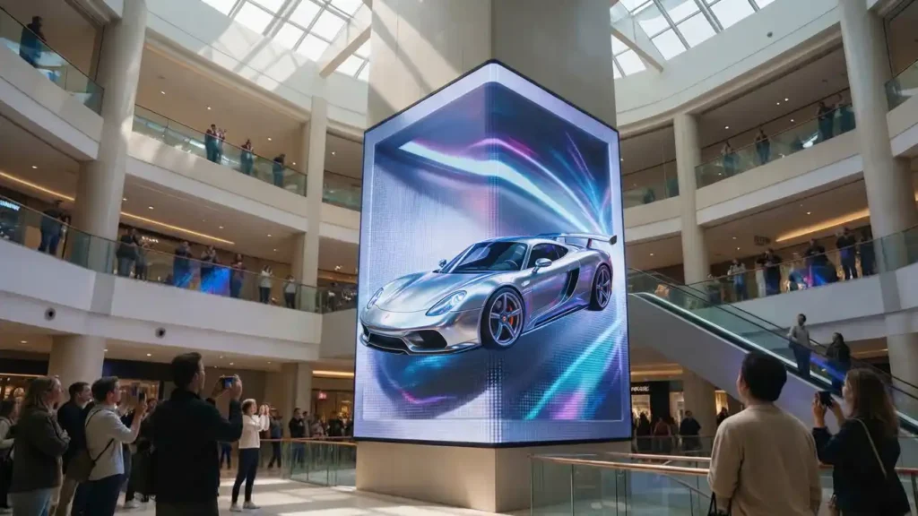 cylindrical naked-eye 3D LED pillar screen installed in modern shopping mall atrium, ultra-realistic 3D car visual effect, 360° curved LED display for commercial DOOH advertising