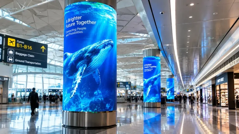Cylindrical LED display screen installed in a modern international airport terminal