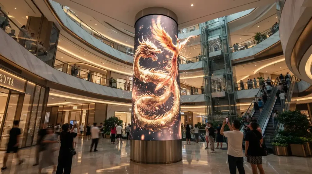 Shoppers taking photos of a high-resolution P2 cylindrical naked-eye 3D LED screen displaying a dragon and phoenix animation wrapped around a shopping mall atrium pillar.