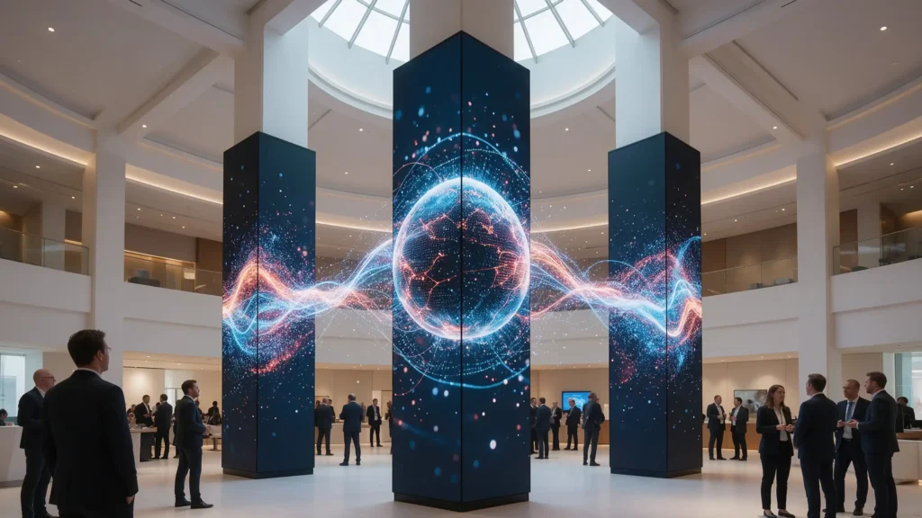 Modern exhibition hall cylindrical naked-eye 3D LED pillar screen, futuristic particle data 3D visual effect, full-wrap curved LED display for corporate brand showcase.