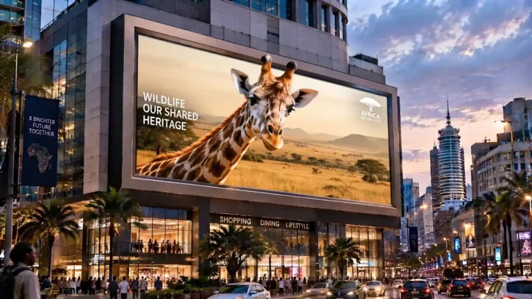 Flat LED display in an African CBD showing a 3D giraffe emerging to the screen boundary