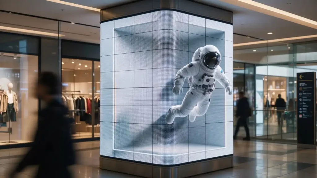 Indoor atrium cylindrical naked-eye 3D LED column screen with floating 3D astronaut effect, seamless curved LED display for shopping mall creative advertising.