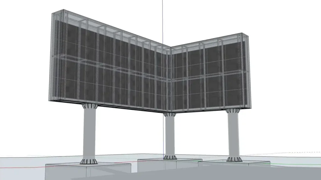 Custom 3D Naked-Eye LED Billboard in Fiji: From Structure Design to Turnkey Delivery 4 Adhaiwell China manufacturer freestanding L-shaped naked-eye 3D LED billboard wireframe CAD drawing, three-pillar foundation design for outdoor corner DOOH screen, custom structural engineering