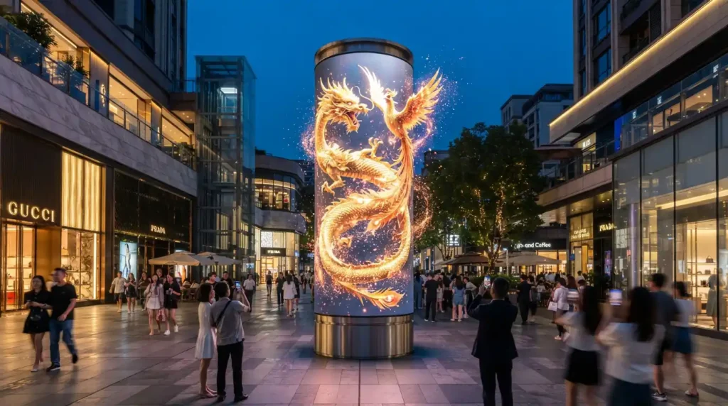 Pedestrians watching and filming an outdoor cylindrical naked-eye 3D LED screen featuring a dynamic golden dragon and phoenix effect on a bustling commercial pedestrian street at dusk.