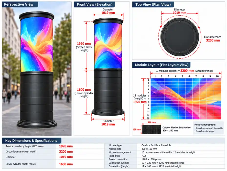 P2.5 outdoor 360 cylindrical LED pillar display technical dimension diagram for advertising column