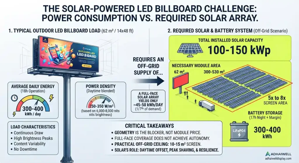 Solar LED Billboard Power Consumption vs Solar Array Sizing Infographic | Adhaiwell