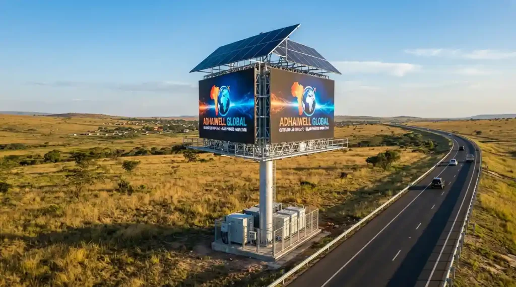 High-brightness solar powered digital LED billboard on pole structure with LiFePO4 battery storage for outdoor advertising.