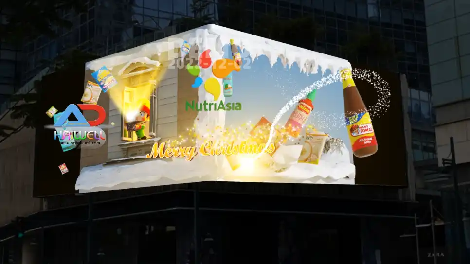 Adhaiwell China factory L-shaped naked-eye 3D LED billboard, outdoor corner DOOH display for seasonal brand marketing, custom anamorphic 3D LED advertising screen from professional supplier