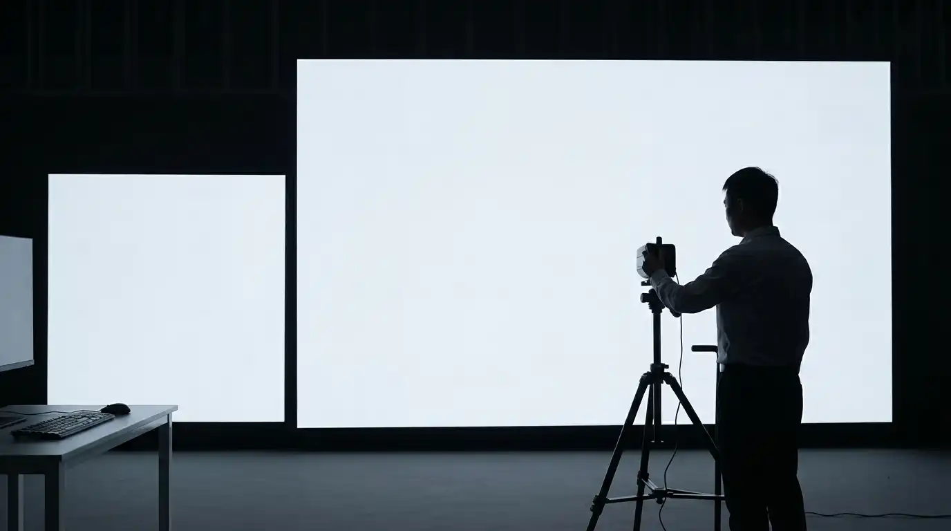 COB LED display calibration using a tripod-mounted camera and calibration equipment