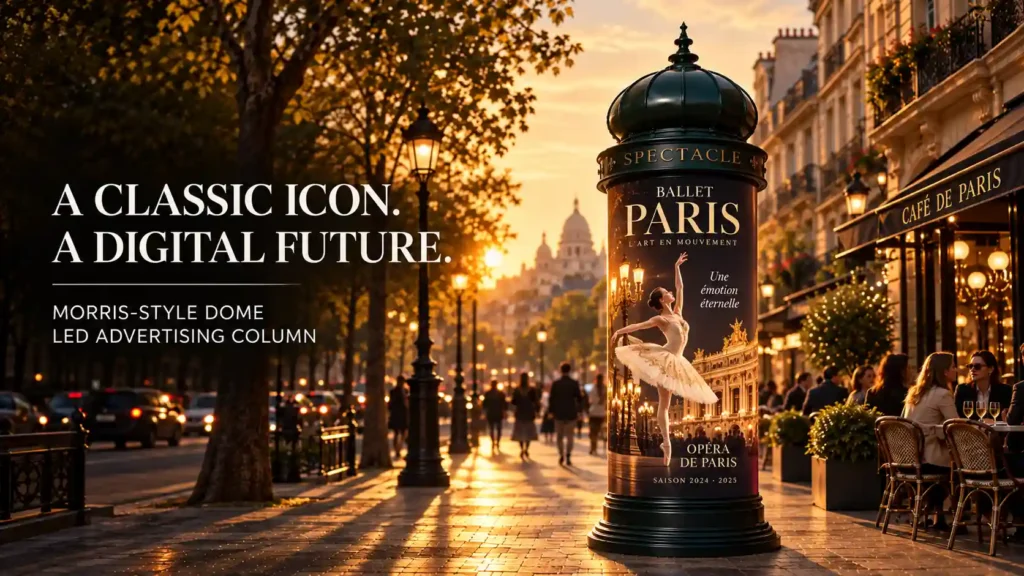 Outdoor Morris-style dome LED advertising column on Paris boulevard. P2.5 cylindrical screen showing ballet theater campaign. Premium DOOH for cultural institutions