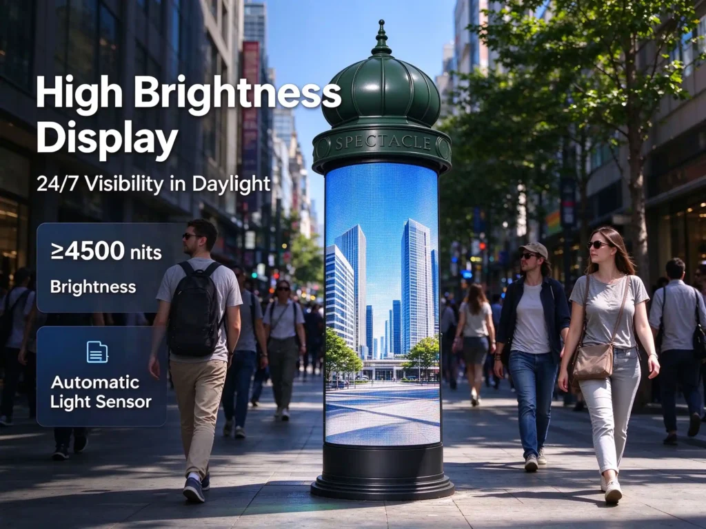 Bright cylindrical LED screen visible in bright daylight on busy pedestrian shopping street