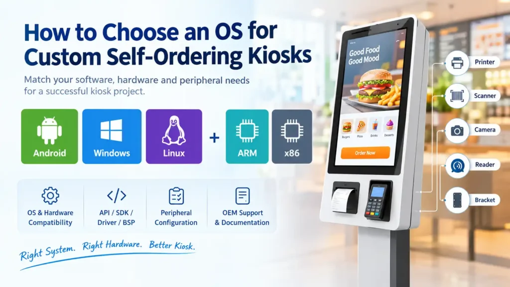 Custom self-ordering kiosk with Android, Windows, and Linux OS options, ARM and x86 platforms, and peripheral hardware including a printer, scanner, camera, and card reader.