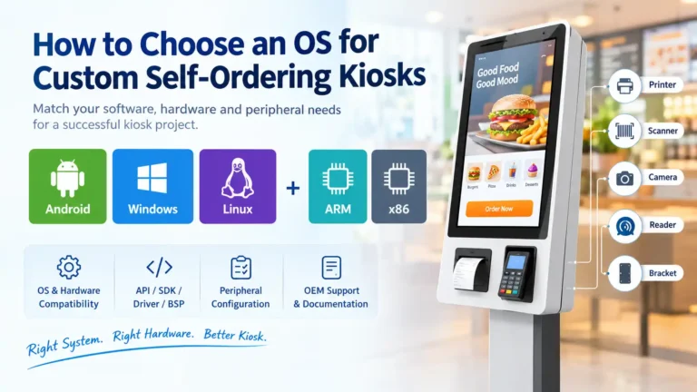Custom self-ordering kiosk with Android, Windows, and Linux OS options, ARM and x86 platforms, and peripheral hardware including a printer, scanner, camera, and card reader.