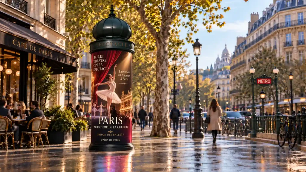 Outdoor Morris-style dome LED advertising column on Paris boulevard. P2.5 cylindrical screen showing ballet theater campaign. Premium DOOH for cultural institutions