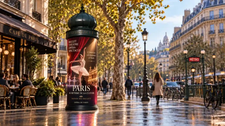 Outdoor Morris-style dome LED advertising column on Paris boulevard. P2.5 cylindrical screen showing ballet theater campaign. Premium DOOH for cultural institutions