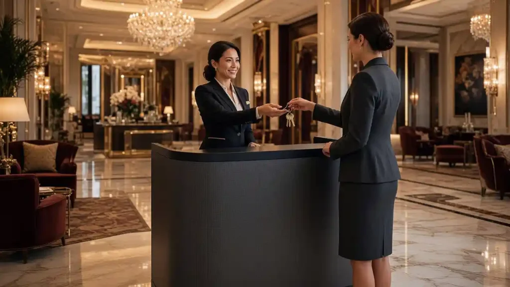 Curved black GOB LED reception counter inside classic luxury European hotel lobby, hotel receptionist handing room keys to guest at LED front desk