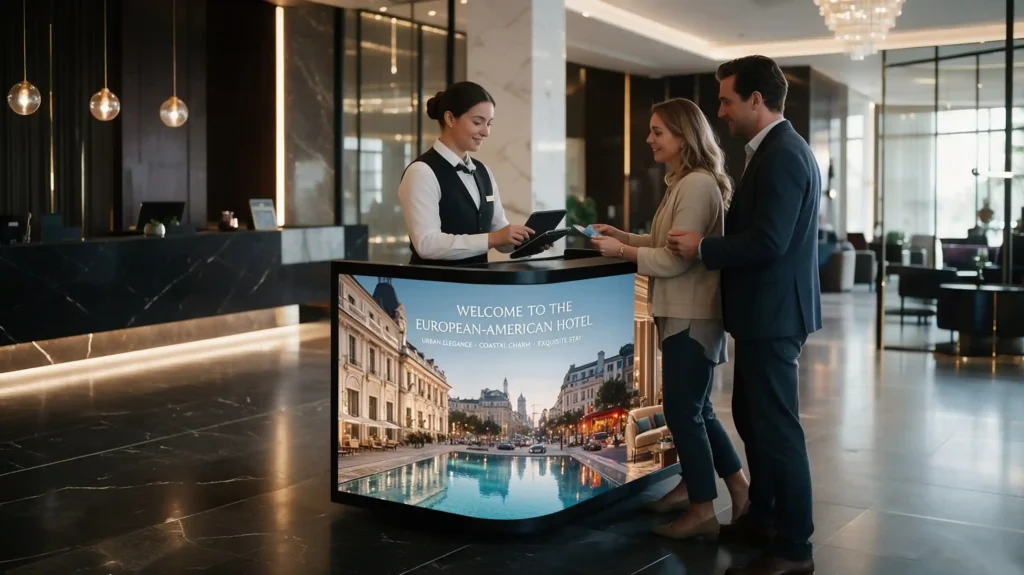 Curved black GOB LED reception counter in luxury European hotel lobby, hotel receptionist assists couple guests completing check-in at LED front desk