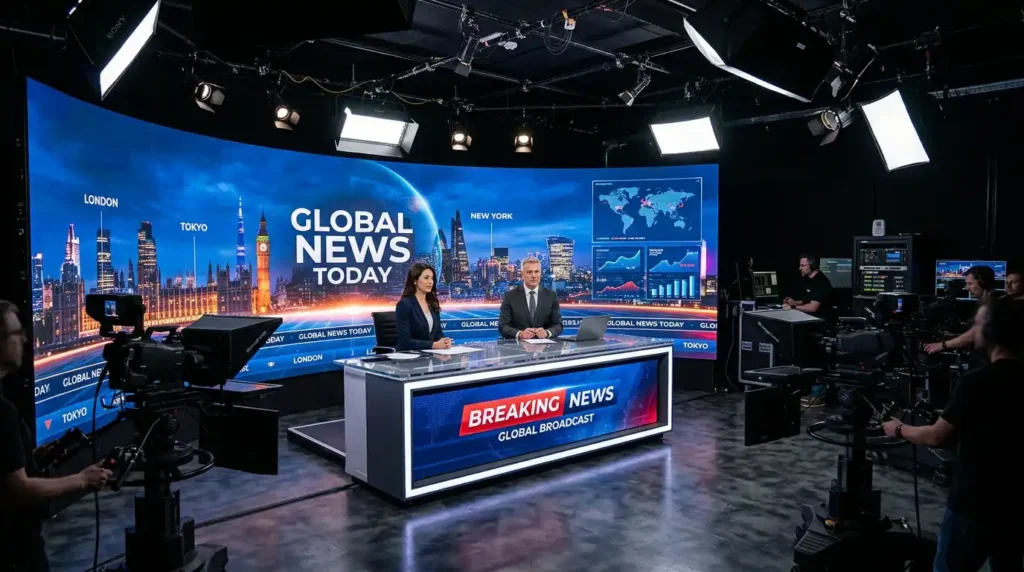 Curved fine-pitch COB LED video wall serving as a high refresh rate digital background in a professional news broadcast studio with news anchors.
