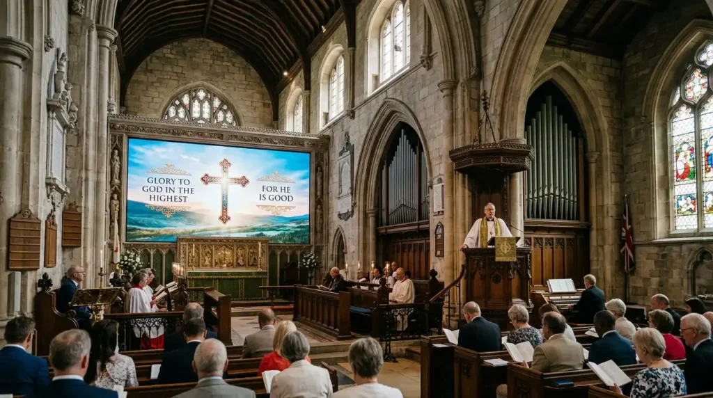 Fine-pitch COB LED video wall displaying worship lyrics and cross visuals inside a traditional British gothic church architecture during a service