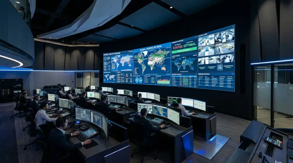 Ultra-fine pitch COB LED video wall displaying global logistics maps and surveillance feeds in a futuristic 24/7 command and control center.
