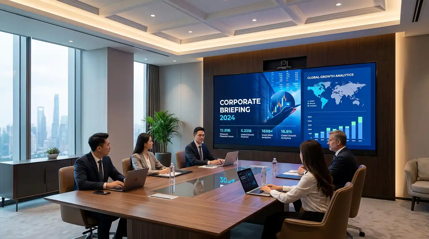 Fine-pitch COB LED video wall displaying corporate briefing data in a modern executive boardroom with executives at a meeting table.