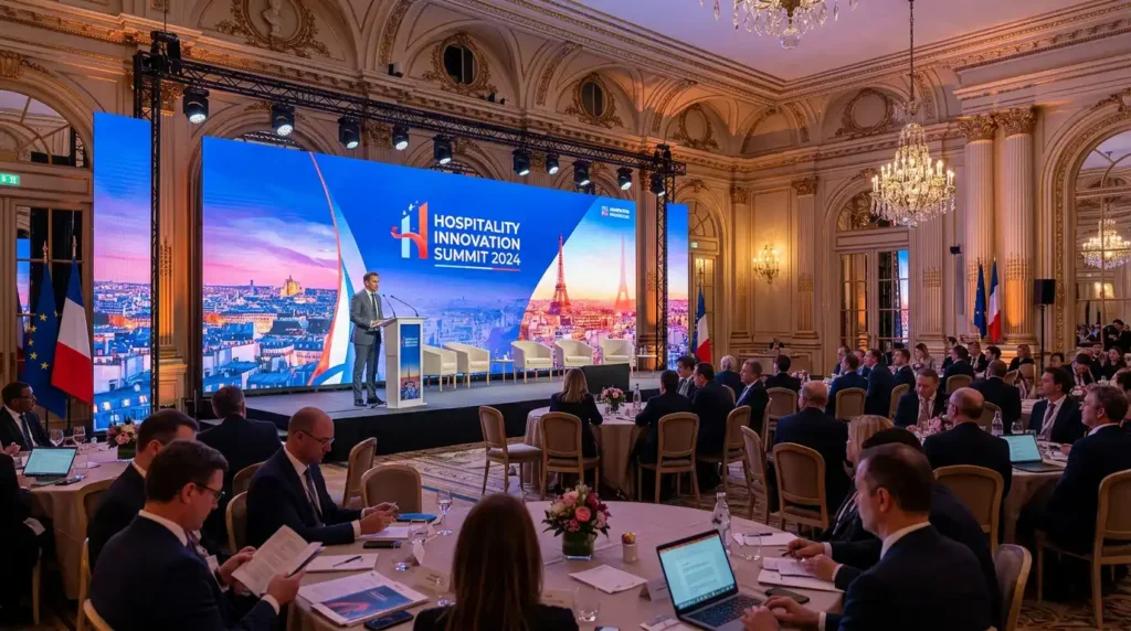 Large fine-pitch COB LED video wall backdrop displaying a summit presentation in a luxurious French hotel ballroom during an international conference