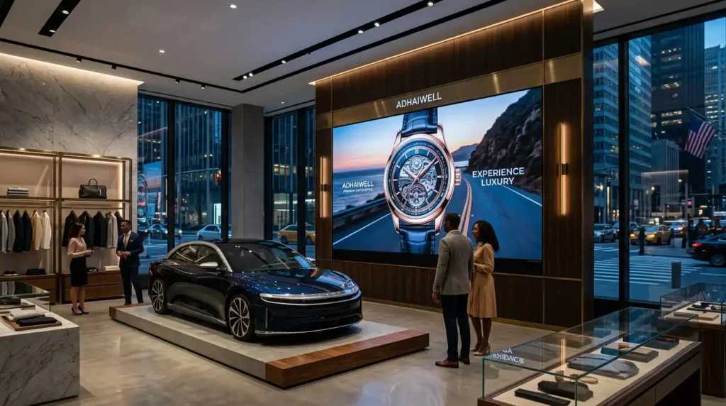 Fine-pitch COB LED video wall displaying luxury watch advertisements inside a high-end American automotive and retail showroom with a luxury vehicle and customers